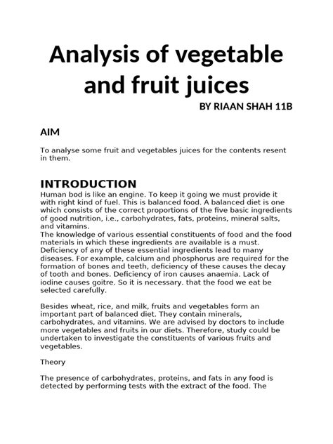 Analysis Of Fruit And Vegetable Juices For Their Acidity Download