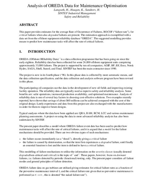 Analysis Of Oreda Data For Maintenance Optimisation