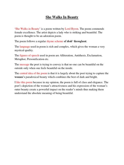 Analysis Of She Walks In Beauty By Lord Byron