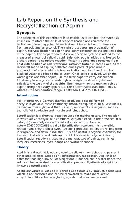 Full Download Analysis Of Aspirin Lab Report 