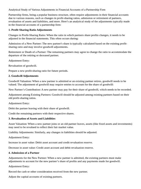 Analytical Study On Various Adjustments In Final Accounts Of Partnership Firm Project