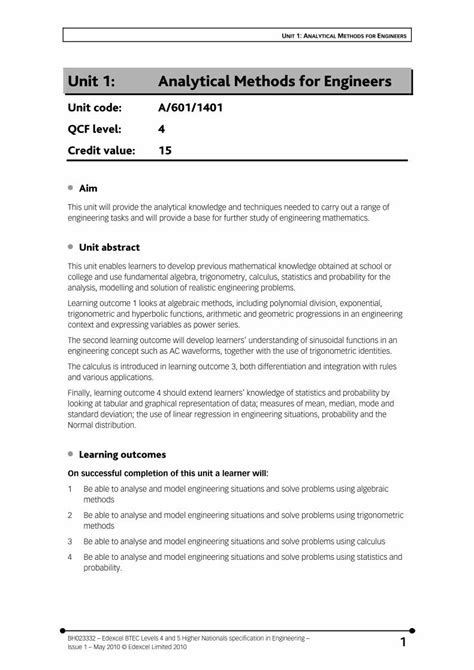 Read Analytical Methods For Engineers Edexcel Assignment 