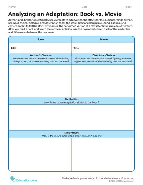 Analyzing An Adaptation Book Vs Movie Worksheet Education Movie Vs Book Worksheet - Movie Vs Book Worksheet