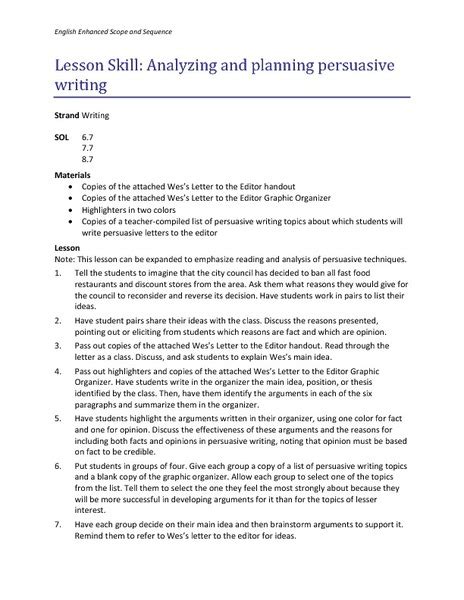 Analyzing And Planning Persuasive Writing Lesson Plan For Lesson Plan For Persuasive Writing - Lesson Plan For Persuasive Writing