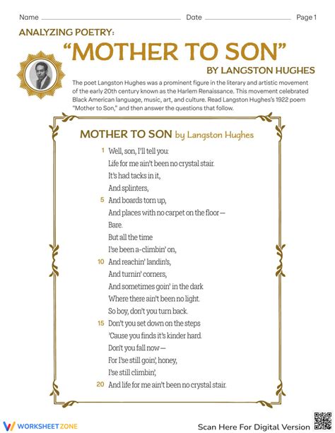 Analyzing Poetry Quot Mother To Son Quot By Langston Hughes Worksheet - Langston Hughes Worksheet