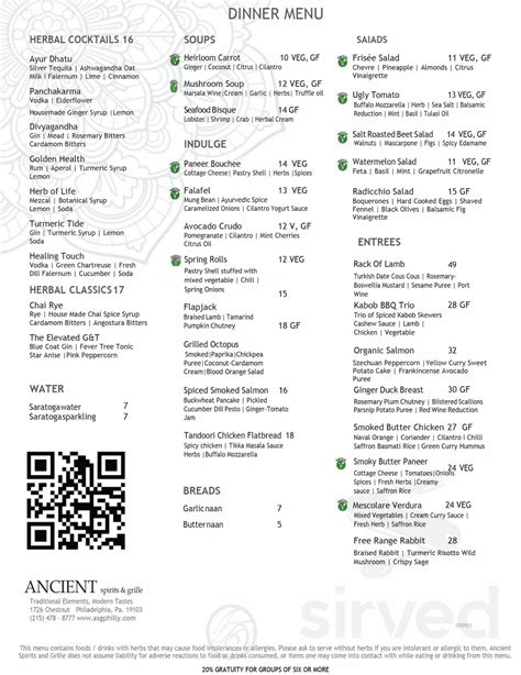 Ancient Spirits And Grille Menu