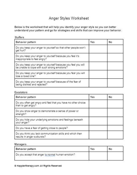 Anger Styles Worksheet Happiertherapy Anger Inventory Worksheet - Anger Inventory Worksheet
