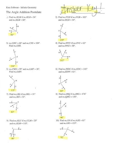 Angle Addition Postulate Answer Key