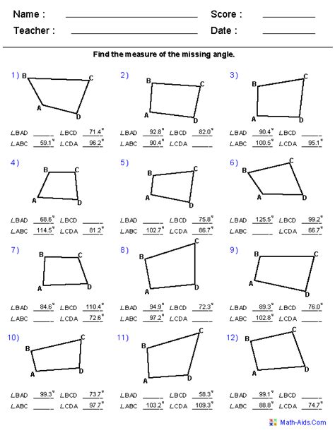 Angles In Quadrilaterals Worksheets With Solutions Quadrilateral Angles Worksheet - Quadrilateral Angles Worksheet