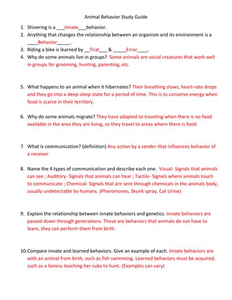 Animal Behavior Review Answer Key