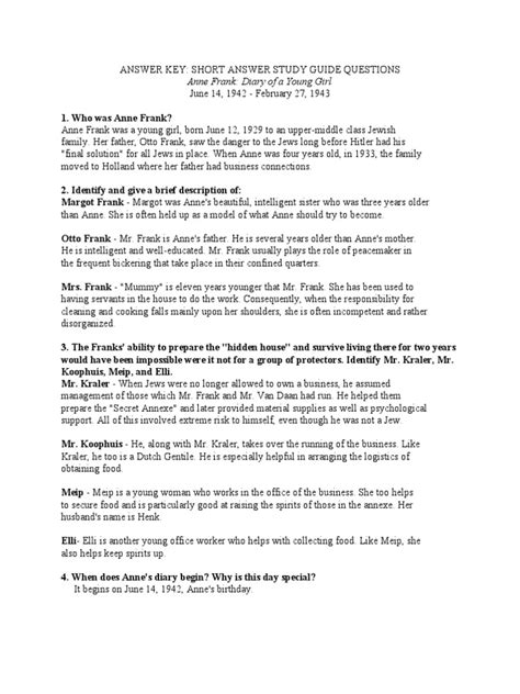 Anne Frank Study Guide Answer Key
