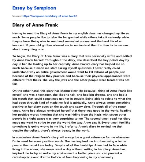 Read Anne Frank Essay Paper Examples 
