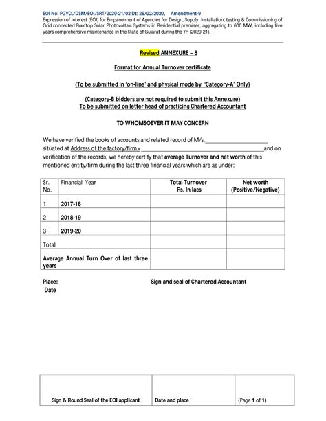 Annual Turnover Certificate Format