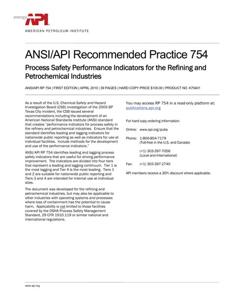 ansi api rp 754 process safety performance indicators