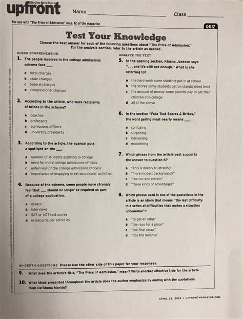 Answer Document Upfront Magazine Quiz