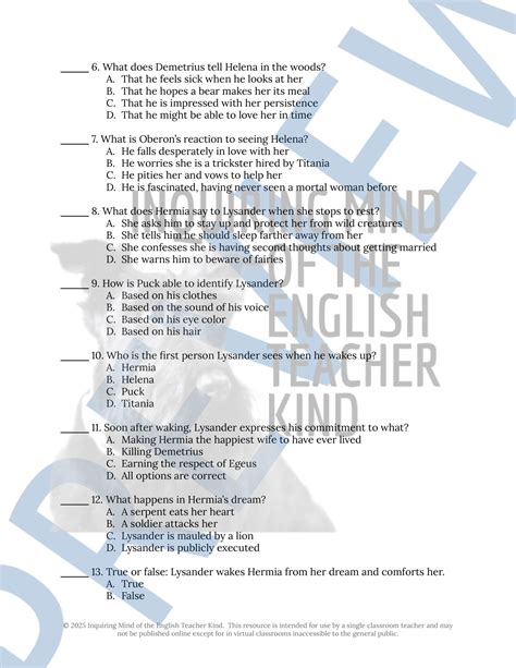 Answer Key A Midsummer Nights Dream Student Workbook Answers