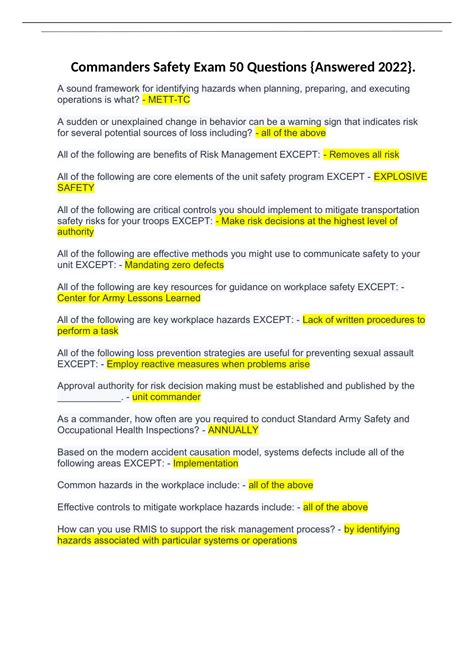 Answer Key Army Commanders Safety Course