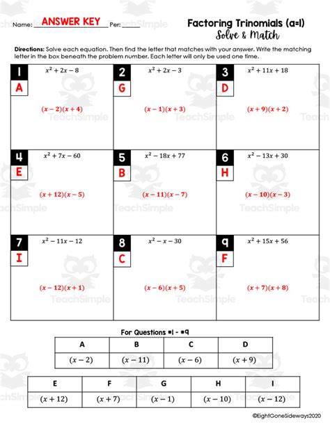 Answer Key Factor Trinomials