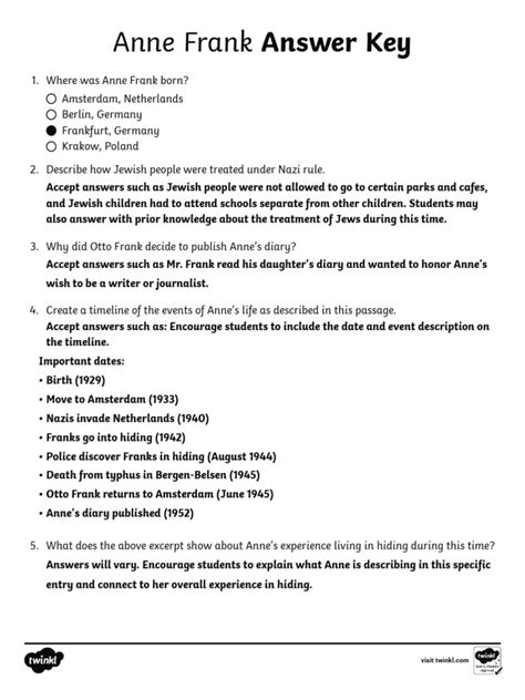 Answer Key For Anne Frank Webquest