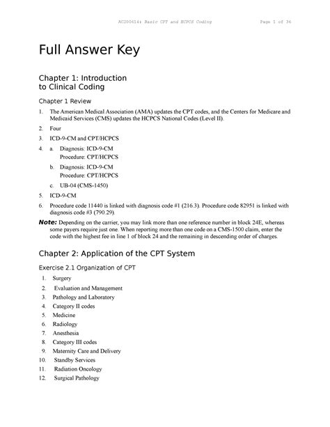 Answer Key For Clinical Coding Workout 2013