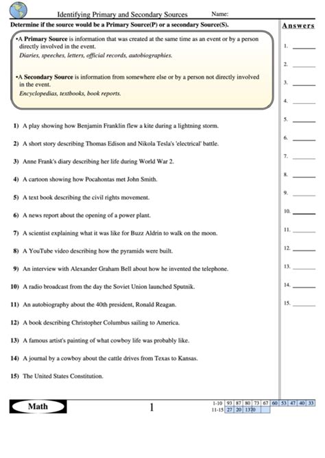 Answer Key For Identifying Primary And Secondary Sources Primary And Secondary Sources Worksheet Answers - Primary And Secondary Sources Worksheet Answers
