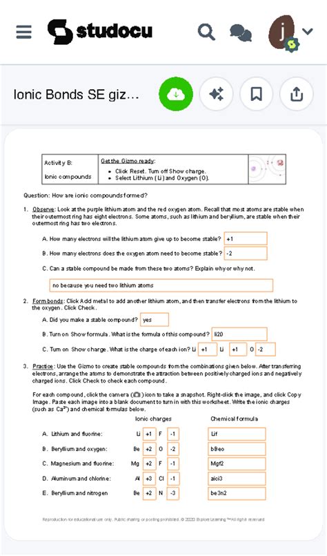 answer key for ionic bonds gizmo