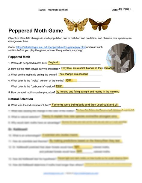 Answer Key For Peppered Moth Simulation