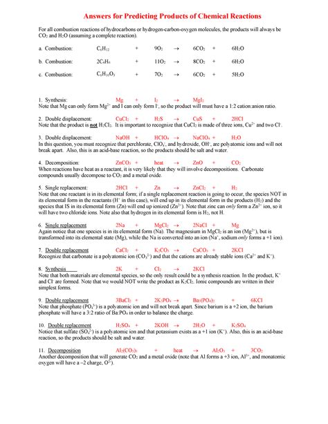 Answer Key For Predicting Products In Reactions
