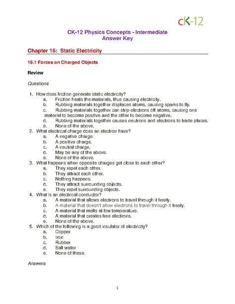 answer key for static electricity