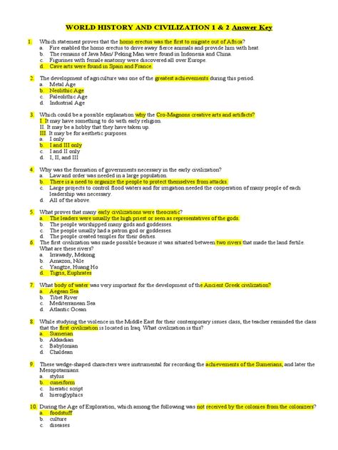 Answer Key For World History Section Quiz