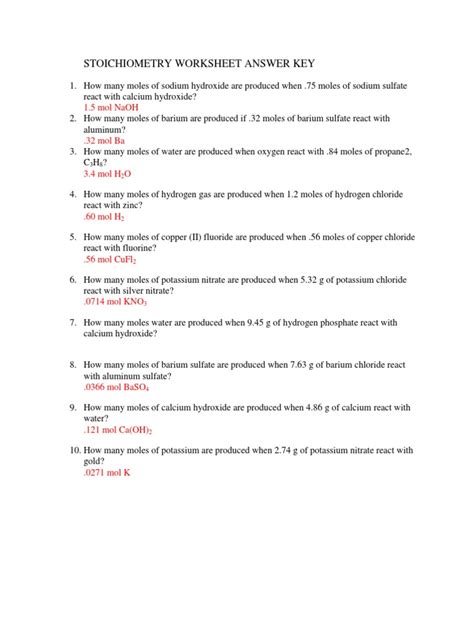 Answer Key Stoichiometry Worksheet