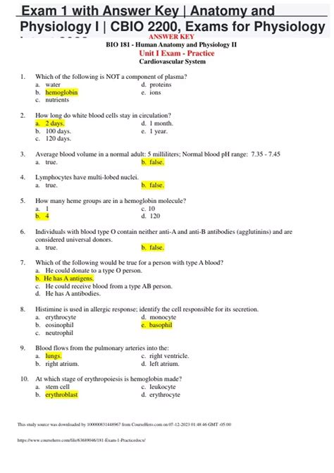 Answer Key To Anatomy And Physiology Coloring Workbook