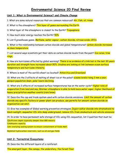 Answer Key To Environmental Science Post Test