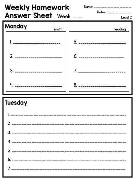 Answer Key Weekly Homework Sheet Q1 1 Monday Tuesday