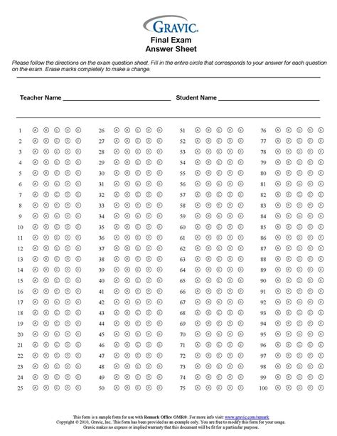 Answer Sheet For Multiple Choice