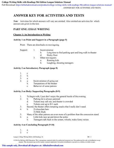 Download Answer Key For Langan College Writing Skills 