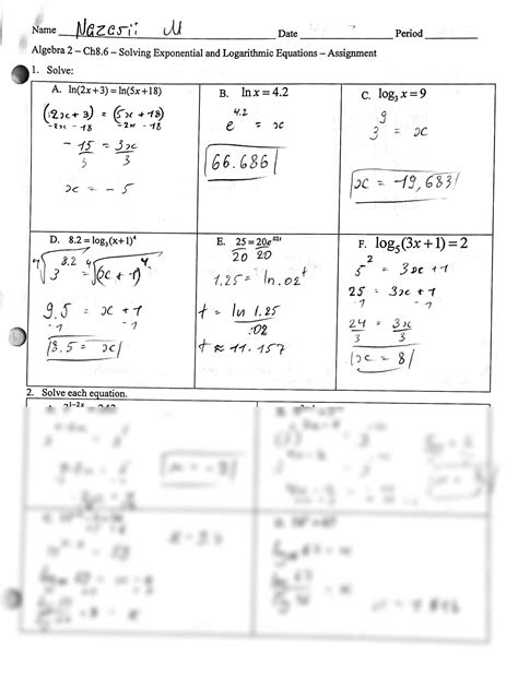 Answers Algebra 2 Solving Exponential Equations