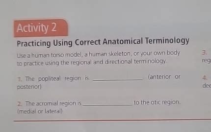 Answers Practicing Using Correct Anatomical Terminology