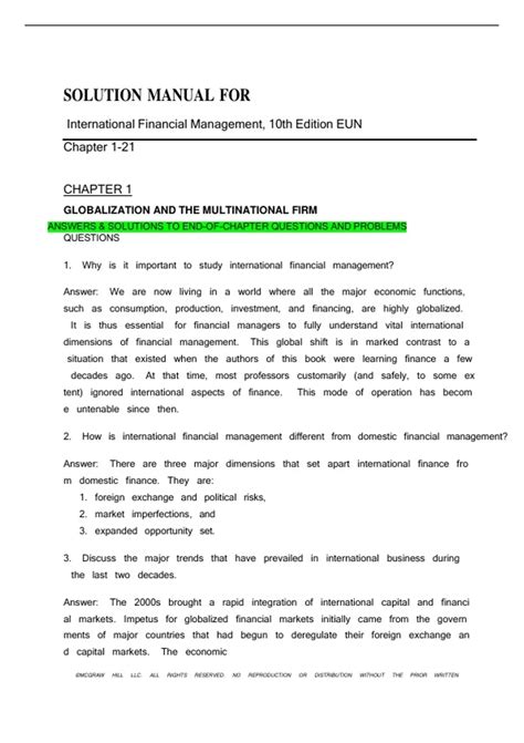 answers to end of multinational financial management