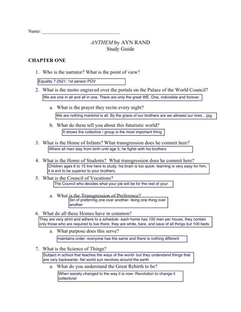Read Anthem Advanced Placement Study Guide Answers 