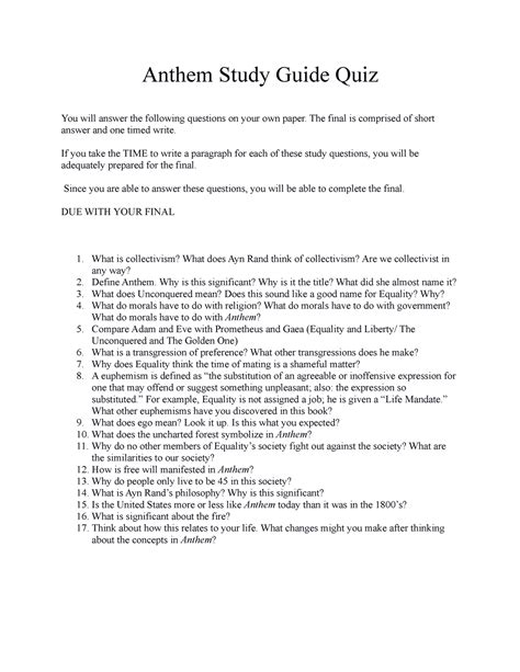 Read Anthem Answers Study Guide Questions 