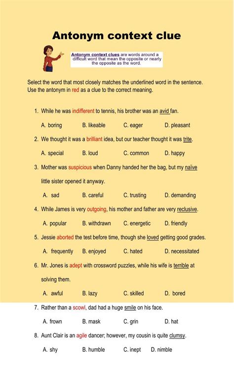 Antonym Context Clue Sentences