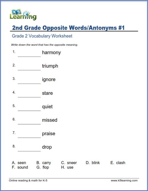 Antonyms For Grade 2 K5 Learning Opposites Worksheets For Grade 2 - Opposites Worksheets For Grade 2