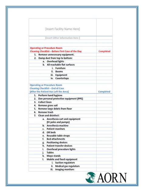 Aorn Terminal Cleaning Checklist