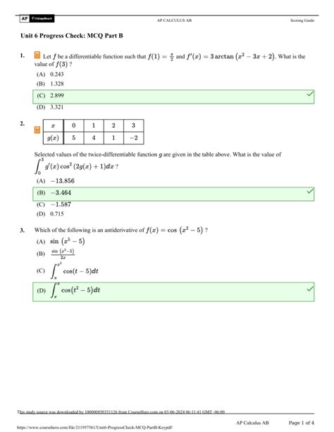 Ap Calculus Unit 6 Progress Check Mcq Part A