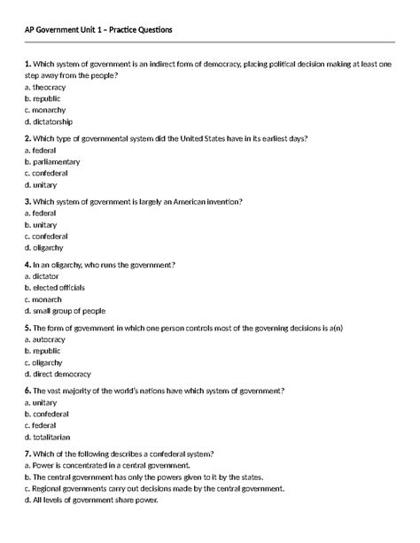 Ap Government Unit 1 Practice Test