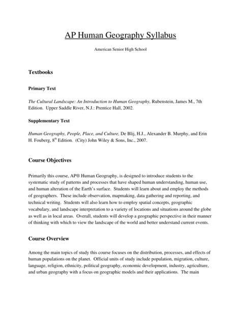 Ap Human Geography Course Syllabus