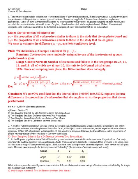 Ap Statistics Chapter 10 Test Answers