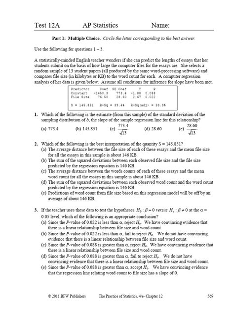 Ap Statistics Chapter 12 Test Answers