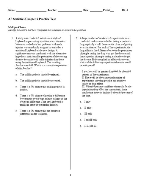 Ap Statistics Chapter 9 Practice Fr Test Testing A Claim